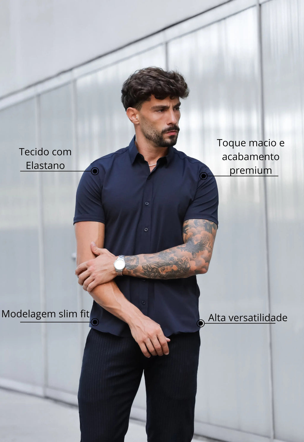 Camisa Masculina Manga Curta Slim Preta