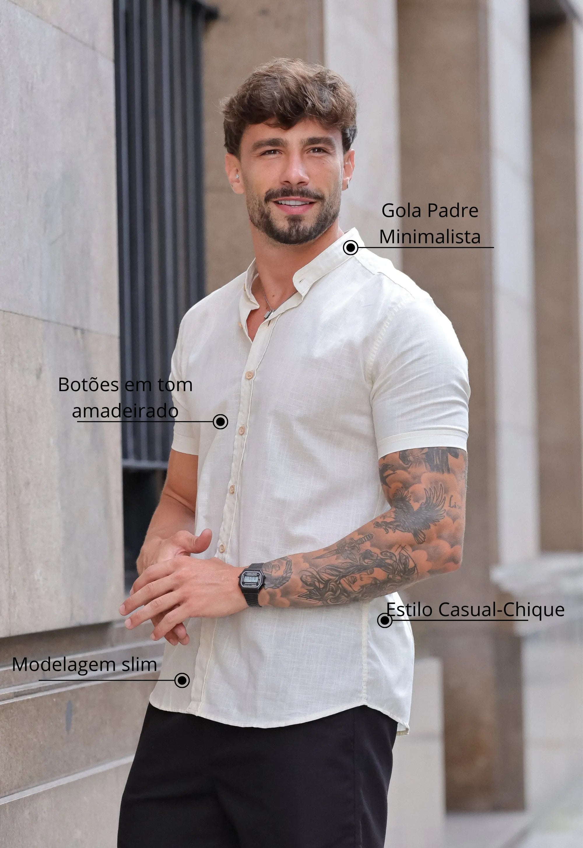 Camisa Masculina Manga Curta Gola Padre Slim Bege