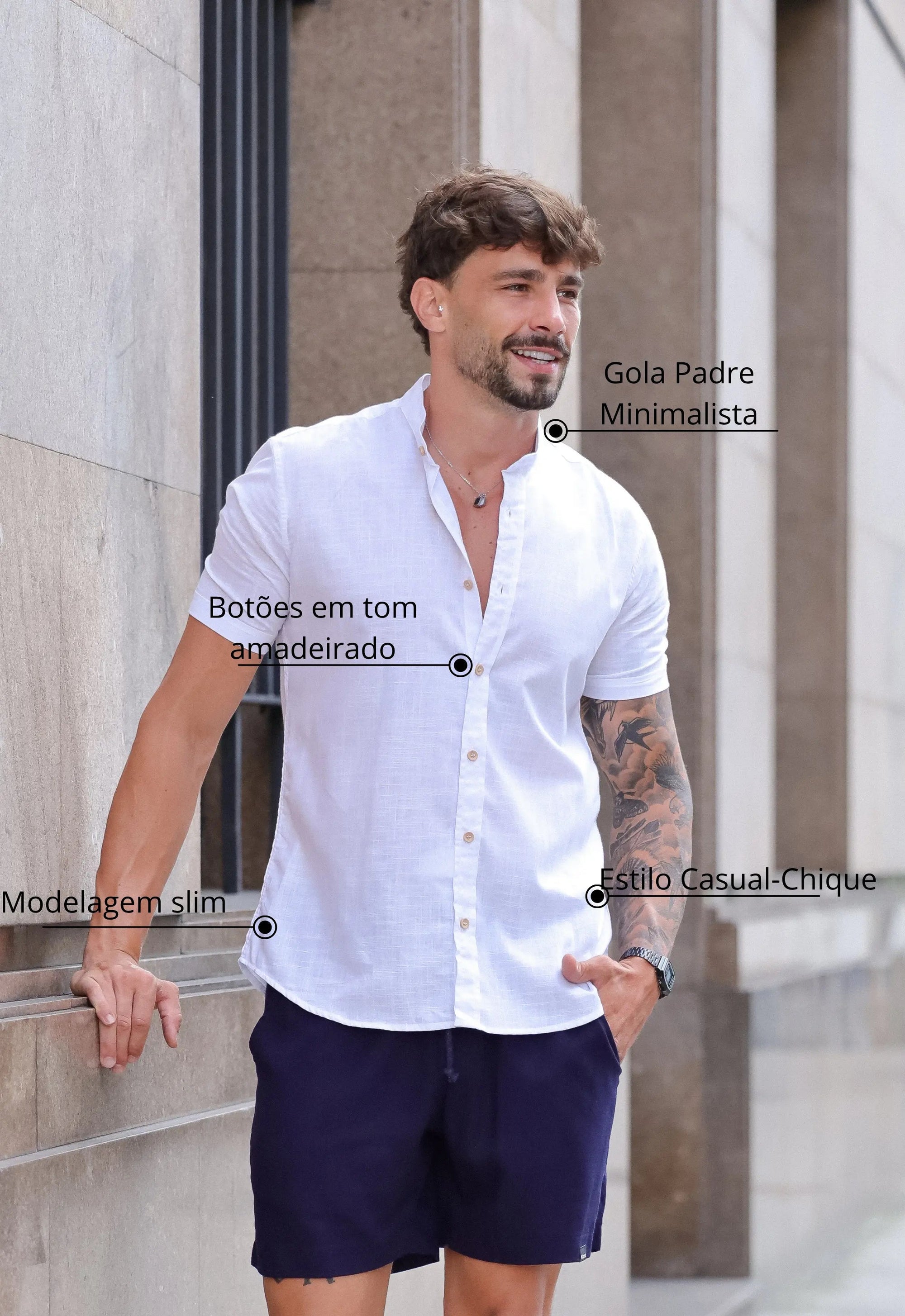 Camisa Masculina Manga Curta Gola Padre Slim Branca