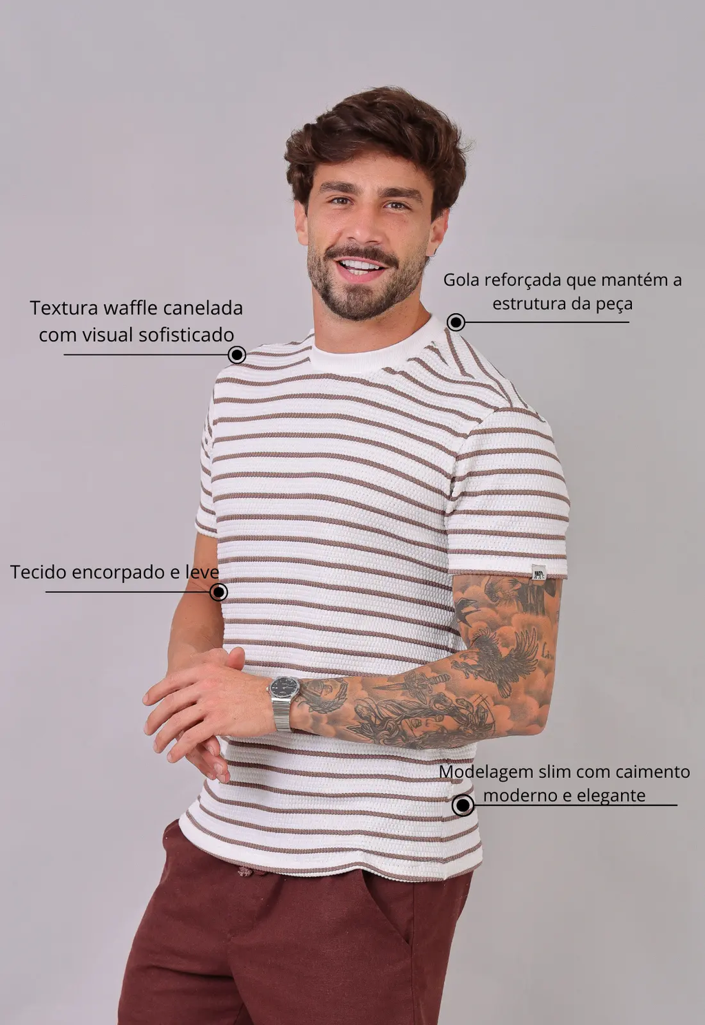 Camiseta Listrada Tricot Touch Marrom