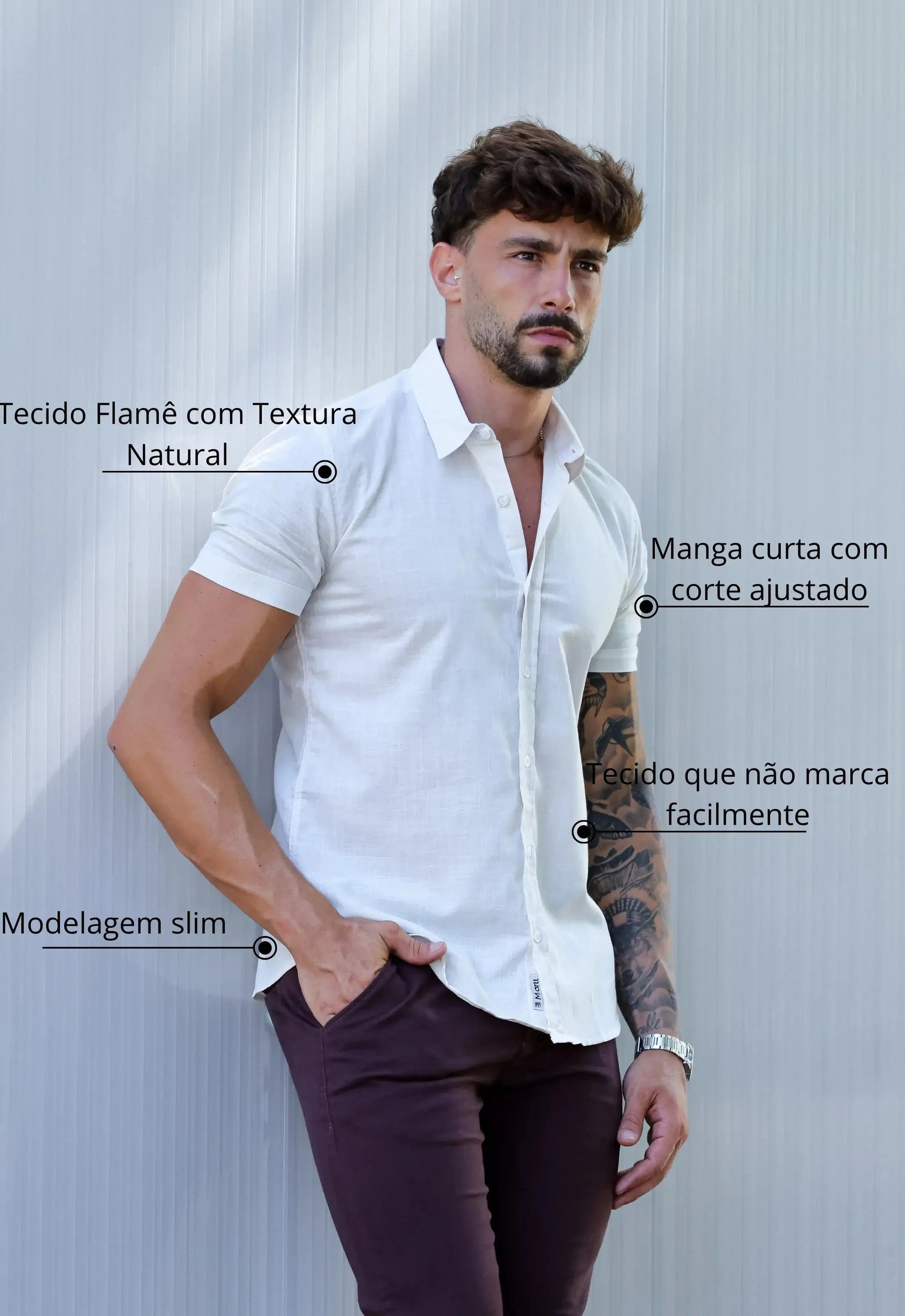 Camisa Masculina Manga Curta Flame Slim Bege