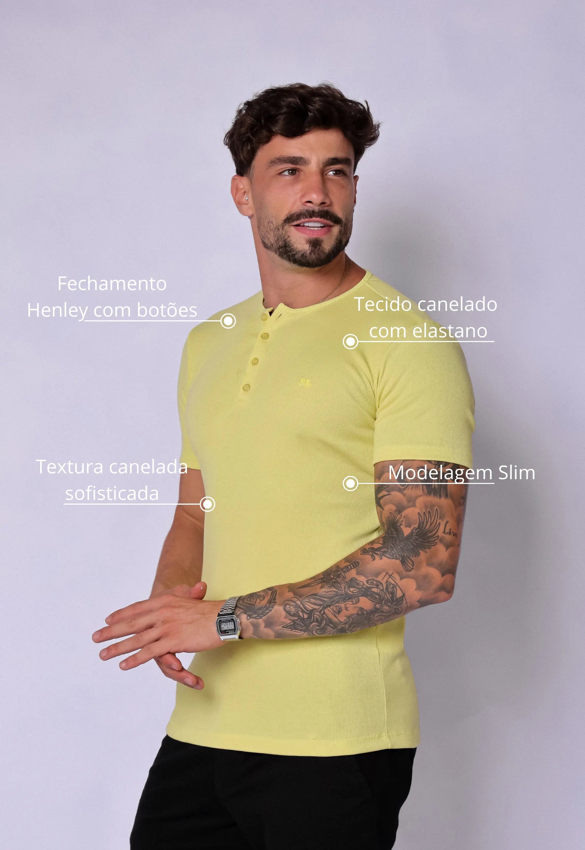 Camiseta Henley Canelada Amarela