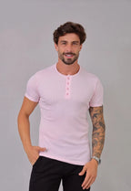 Camiseta Henley Canelada Rosa Claro