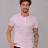 Camiseta Henley Canelada Rosa Claro