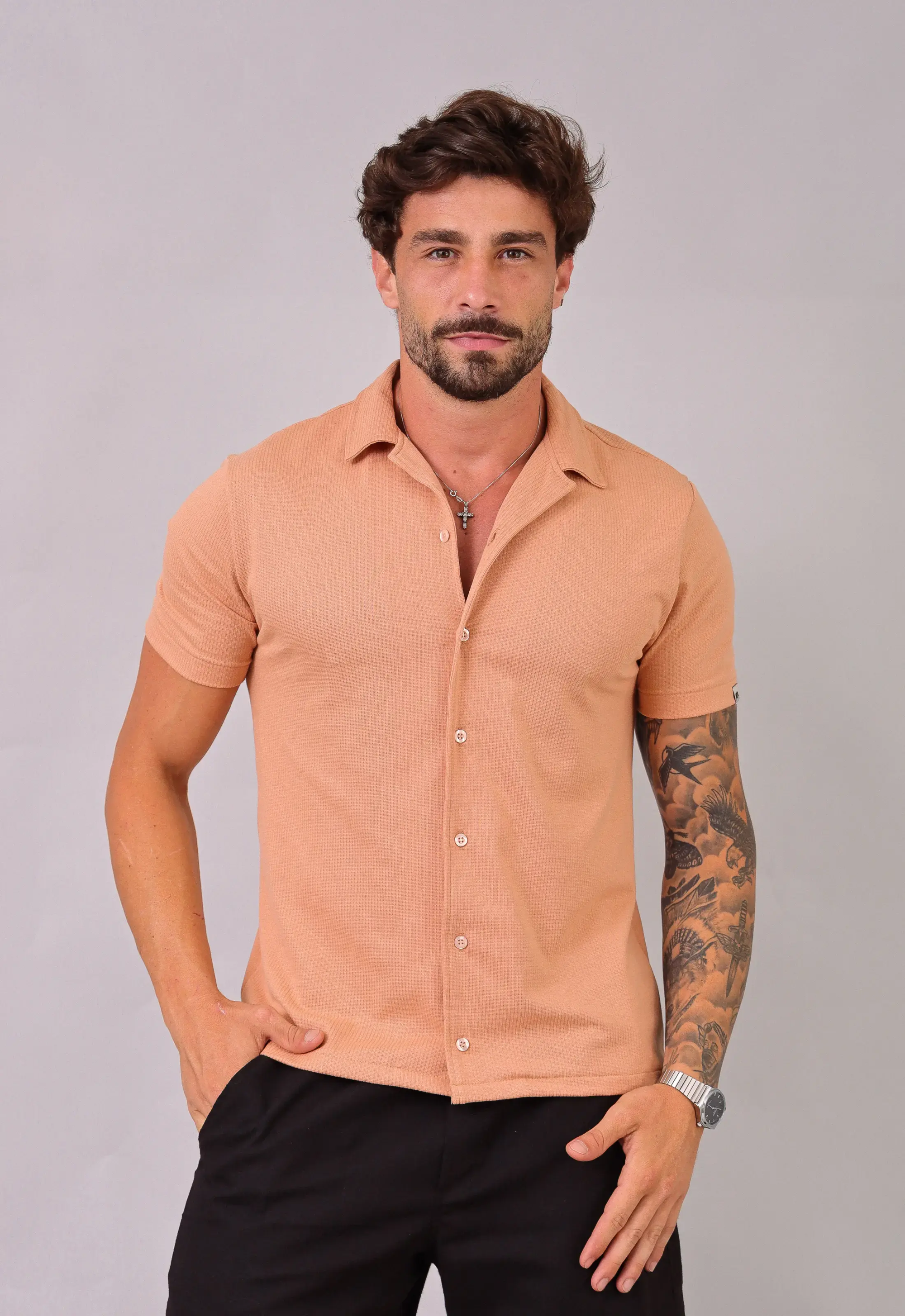Camisa Masculina Slim Canelada Bege