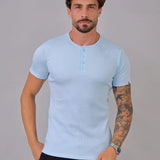 Camiseta Henley Canelada Azul Claro