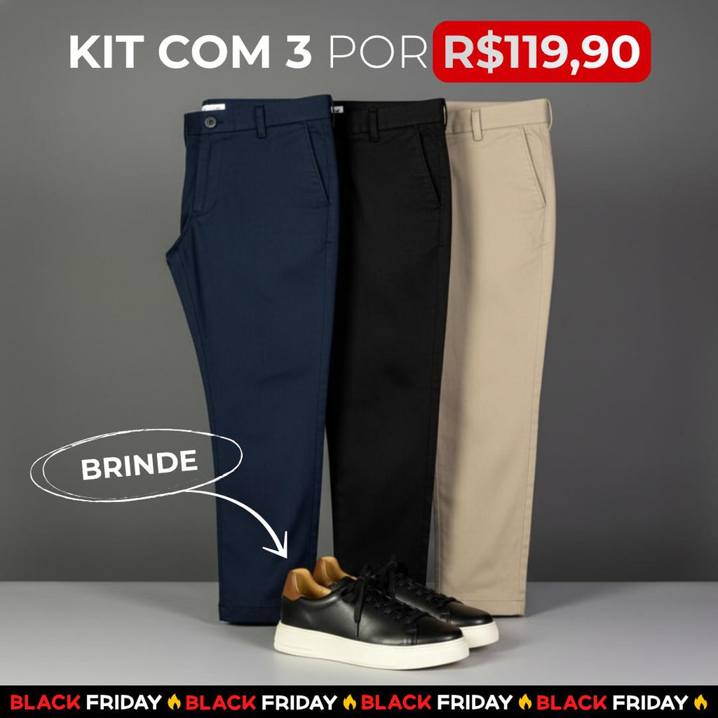 Kit 3 Calças Sarja Comfort Alfaiataria + Brinde