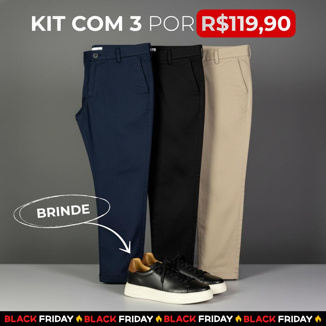Kit 3 Calças Sarja Comfort Alfaiataria + Brinde
