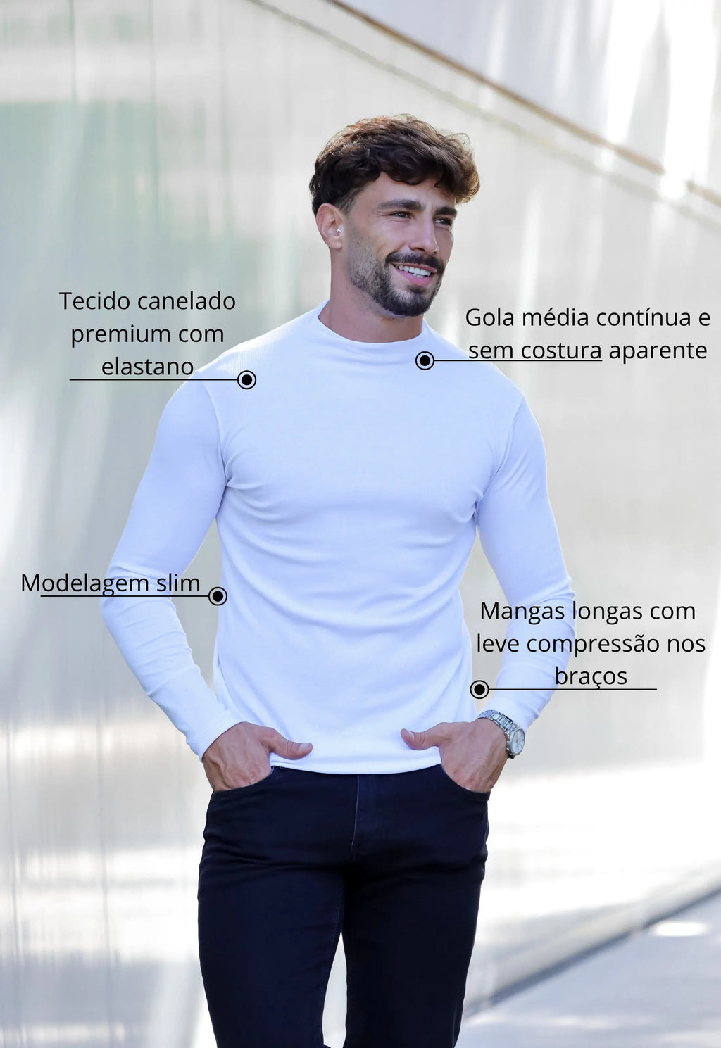 Camiseta Slim Manga Longa Gola Média Branca