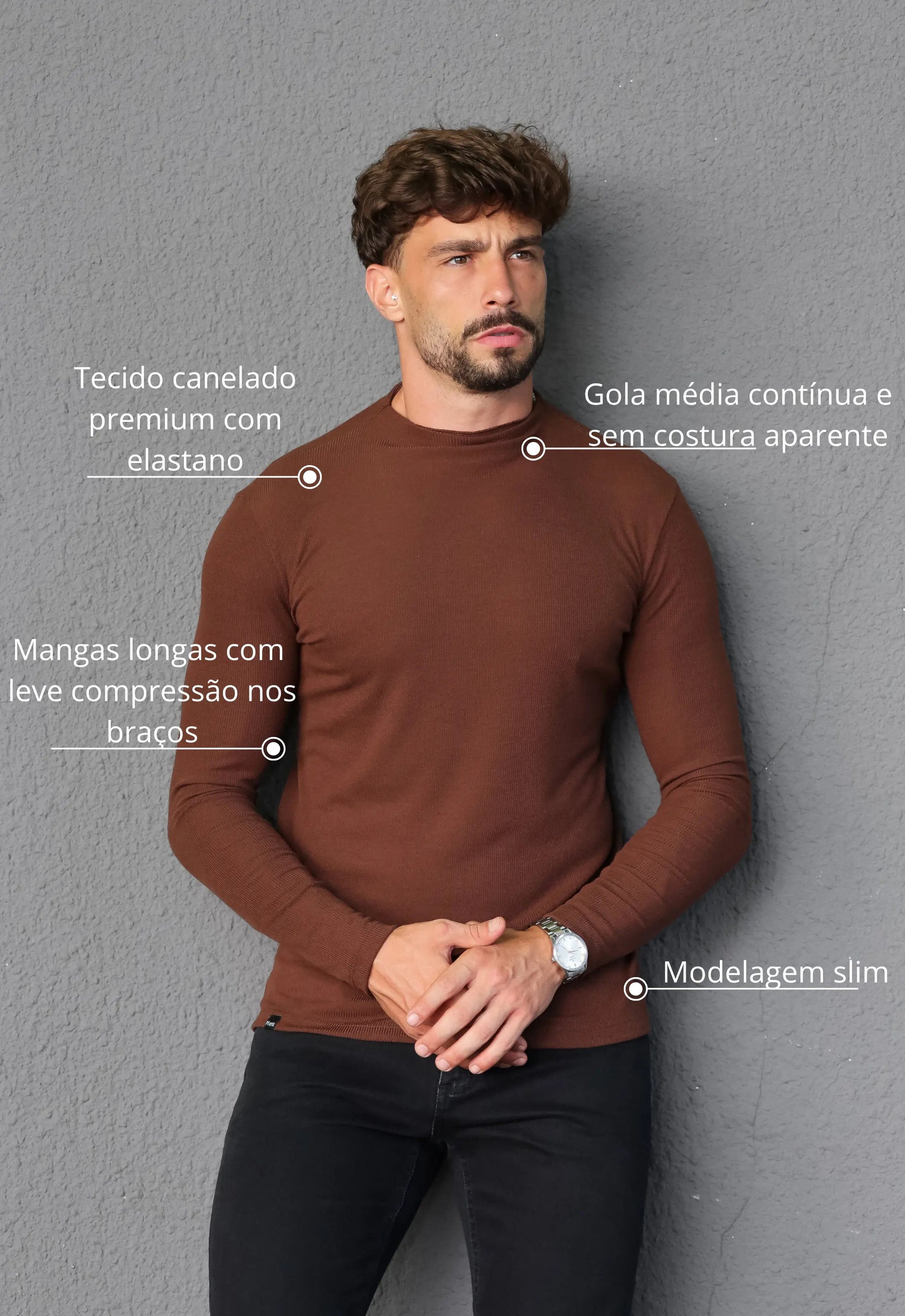 Camiseta Slim Manga Longa Gola Média Marrom