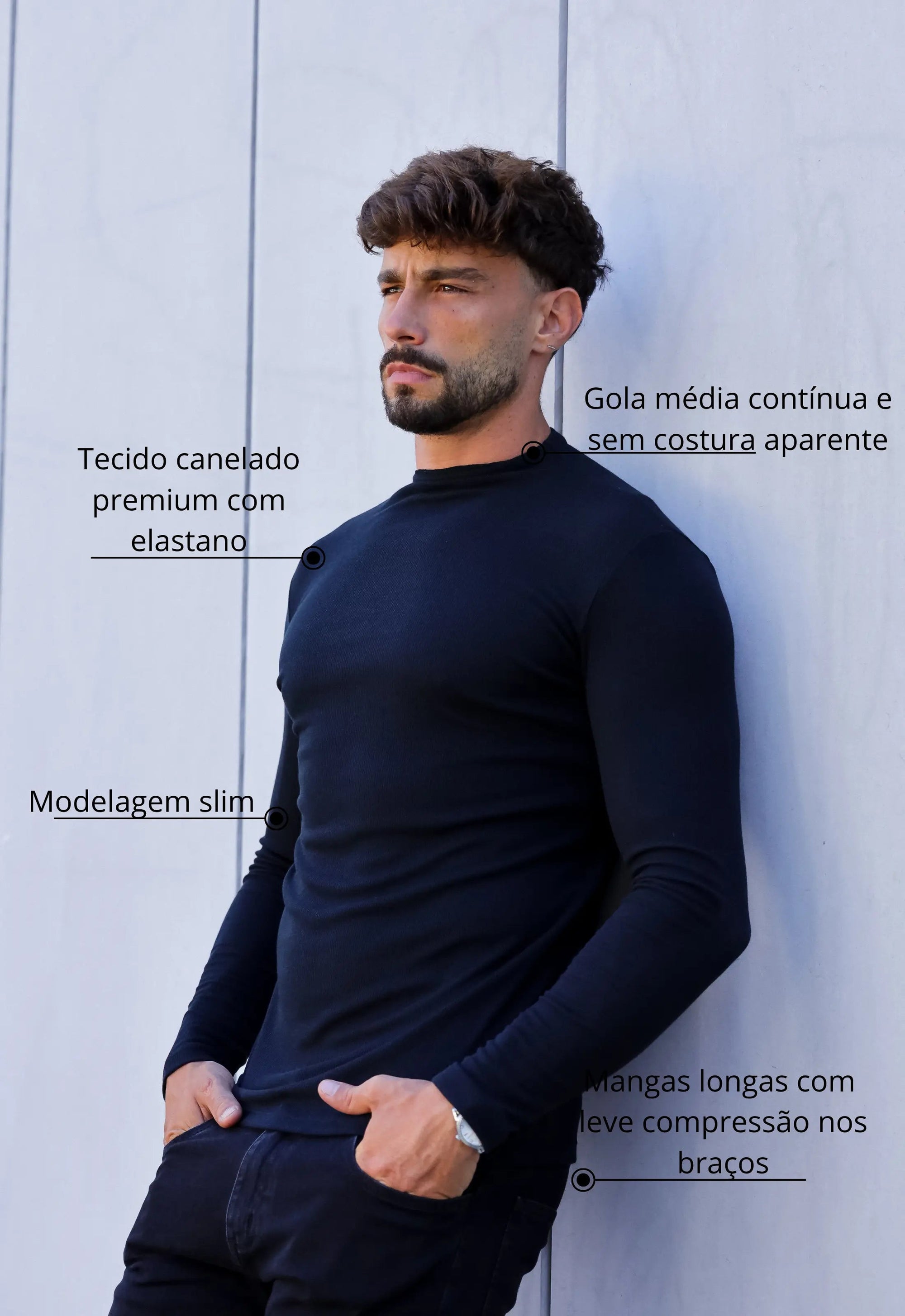 Camiseta Slim Manga Longa Gola Média Preto