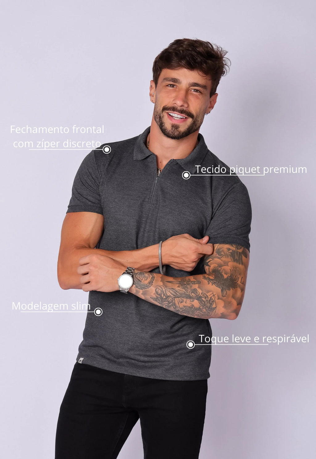 Camisa Polo Ziper Chumbo