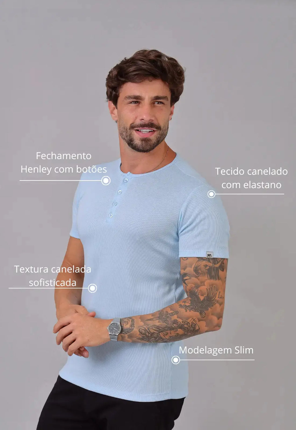 Camiseta Henley Canelada Azul Claro