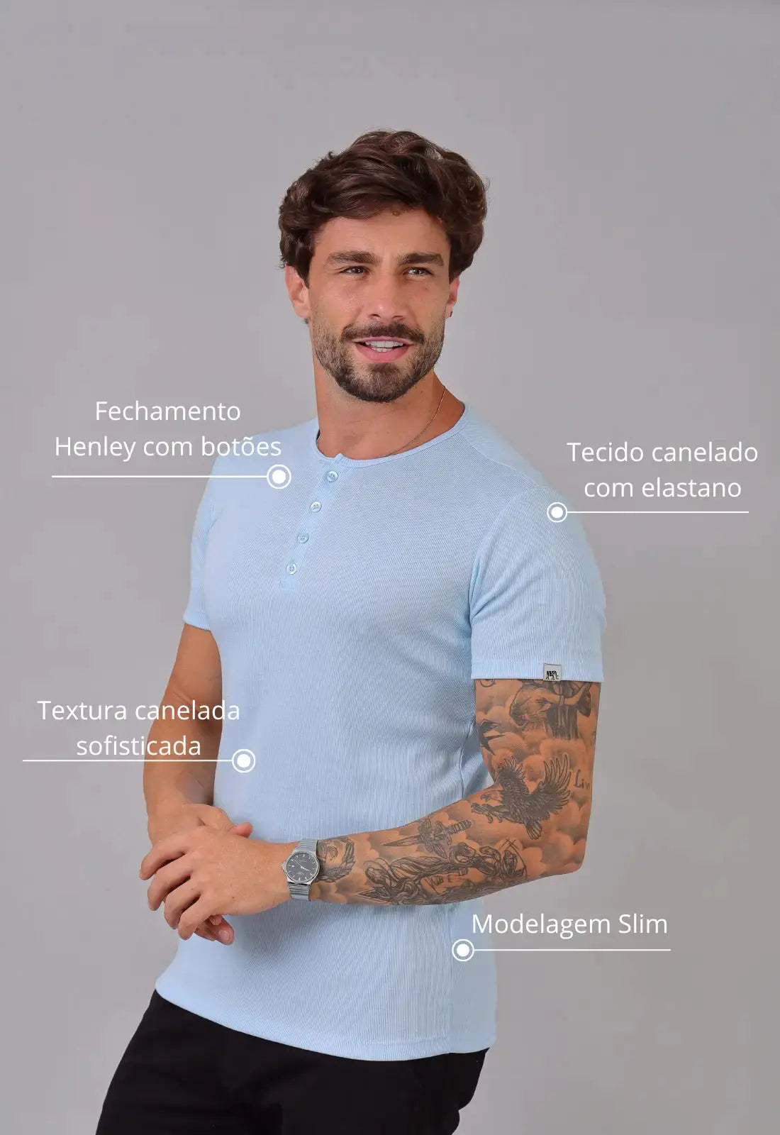 Camiseta Henley Canelada Azul Claro