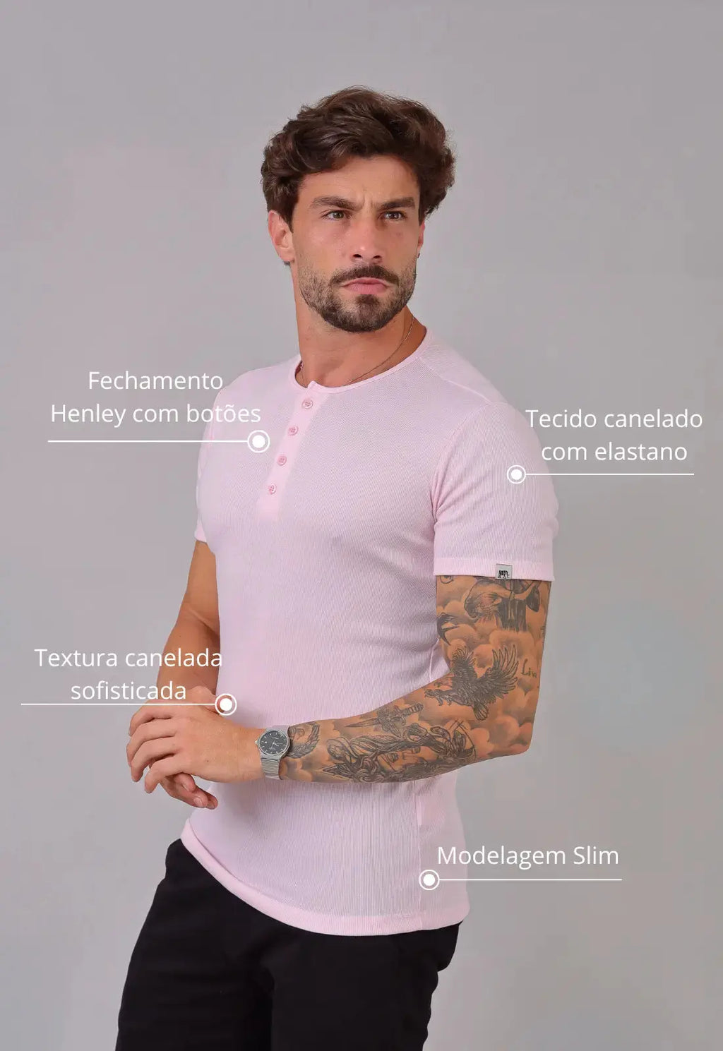 Camiseta Henley Canelada Rosa Claro