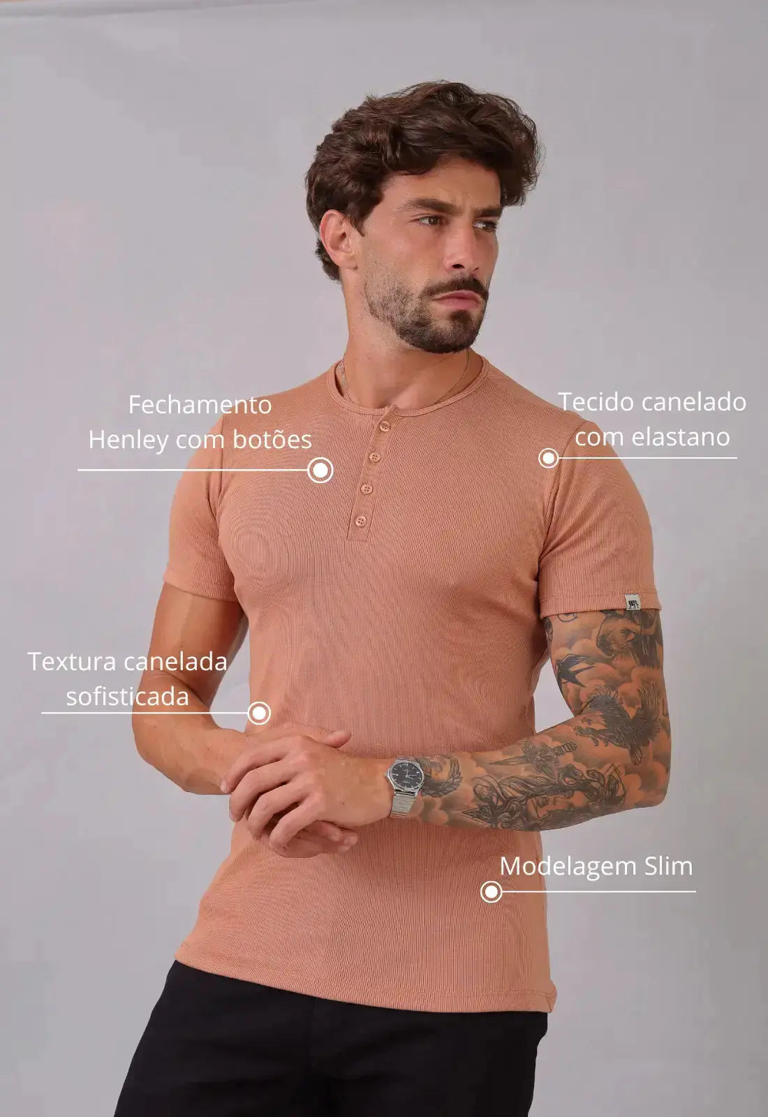 Camiseta Henley Canelada Bege