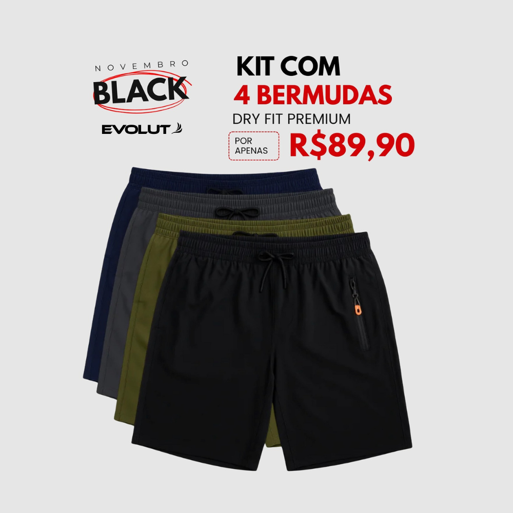 Kit 4 Bermudas DryFit Premium Evolut Performance, Secagem rápida, Bolso com Zíper e Ajuste Anatômico