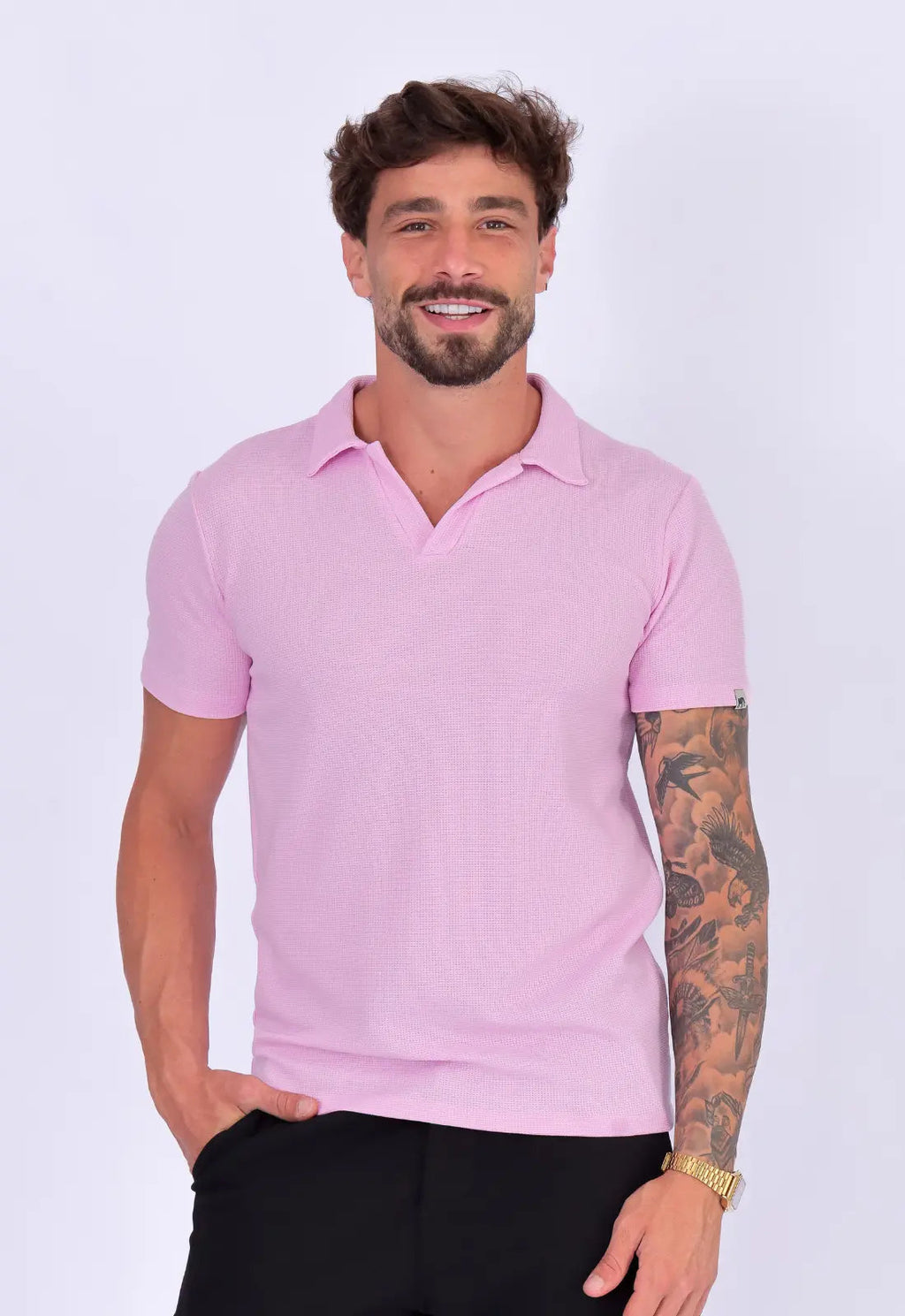 Camisa Polo Italiana Tricot Rosa Claro