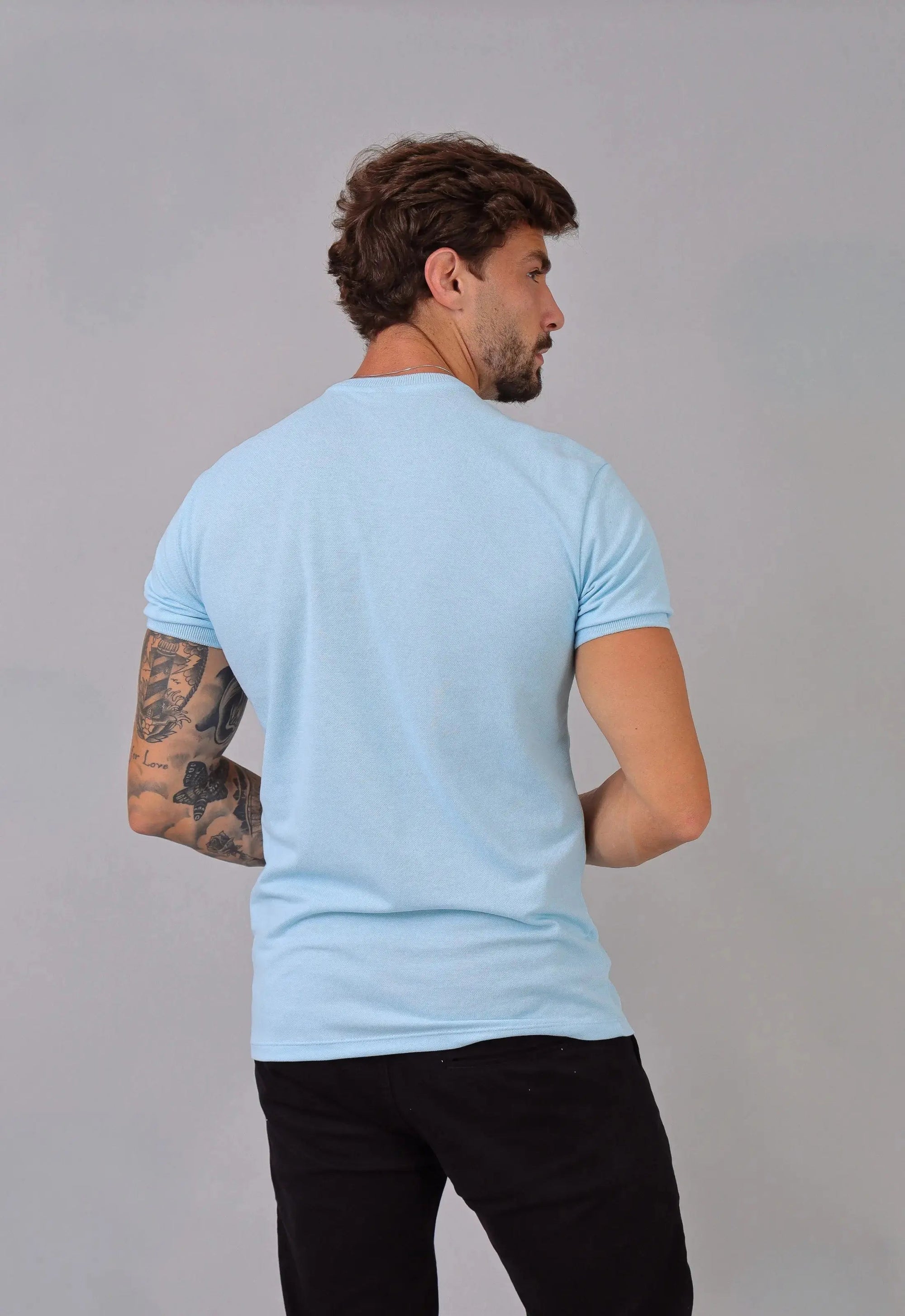 Camiseta Gola Padre Zíper Azul Claro