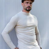 Camiseta Slim Manga Longa Gola Média Bege