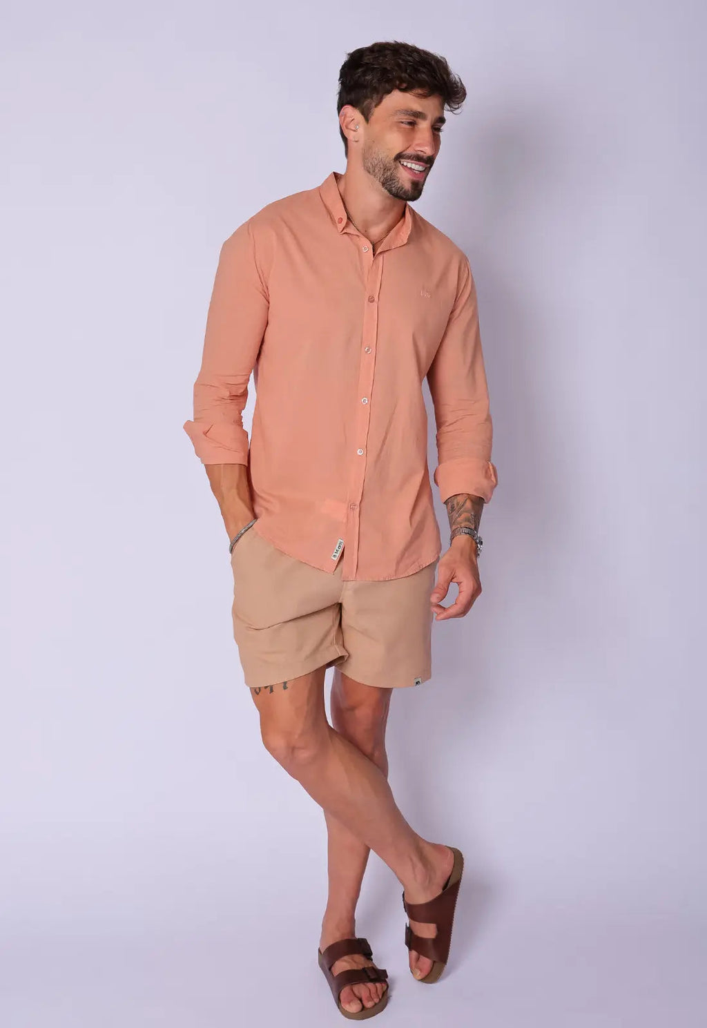 Camisa Masculina Gola Padre Tecido Leve Bege