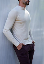Camiseta Slim Manga Longa Gola Média Bege