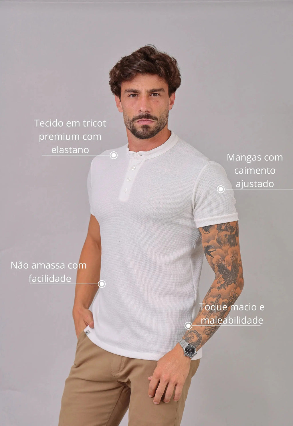 Camiseta Henley Slim Tricot com Elastano Branca