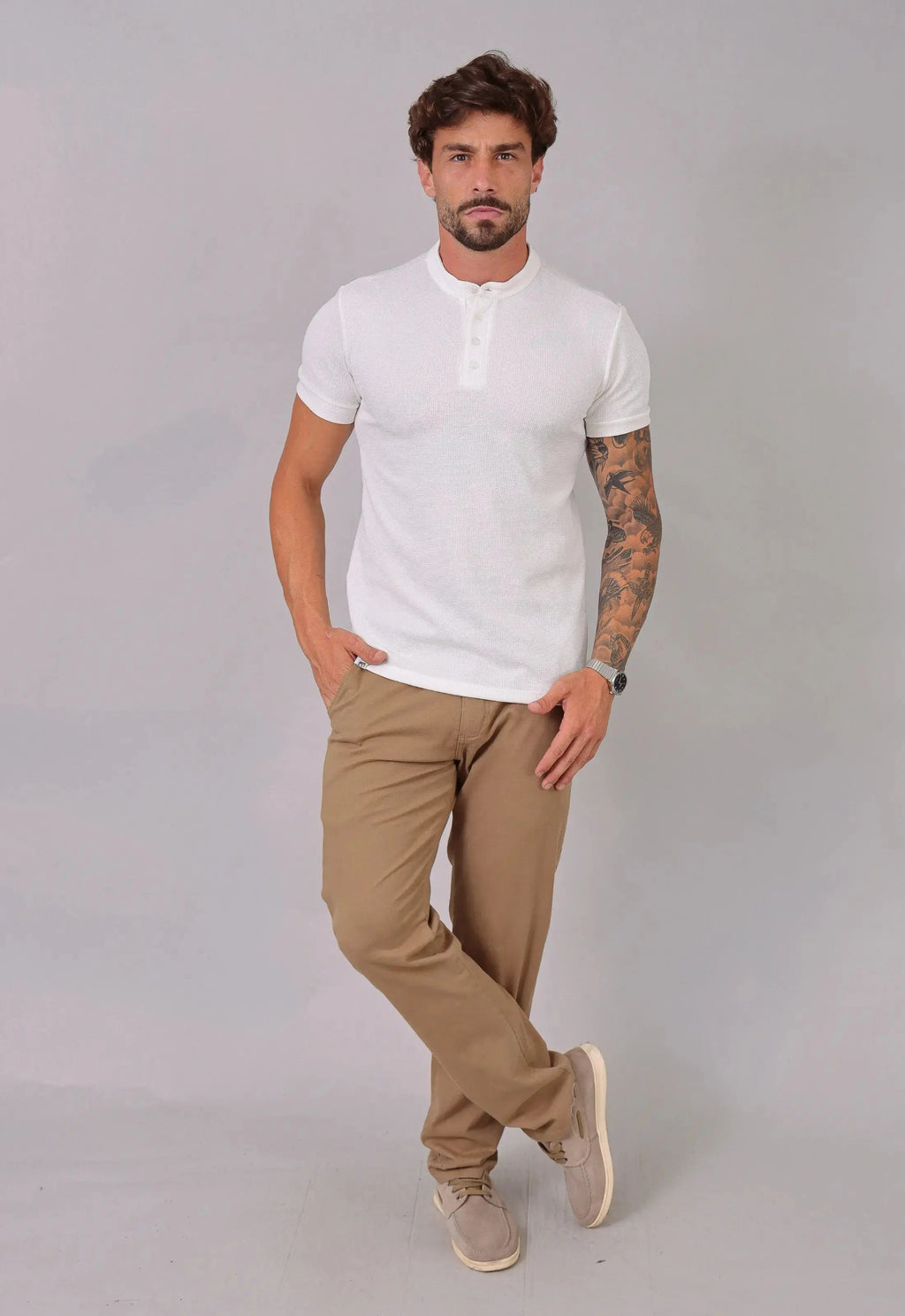 Camiseta Henley Slim Tricot com Elastano Branca
