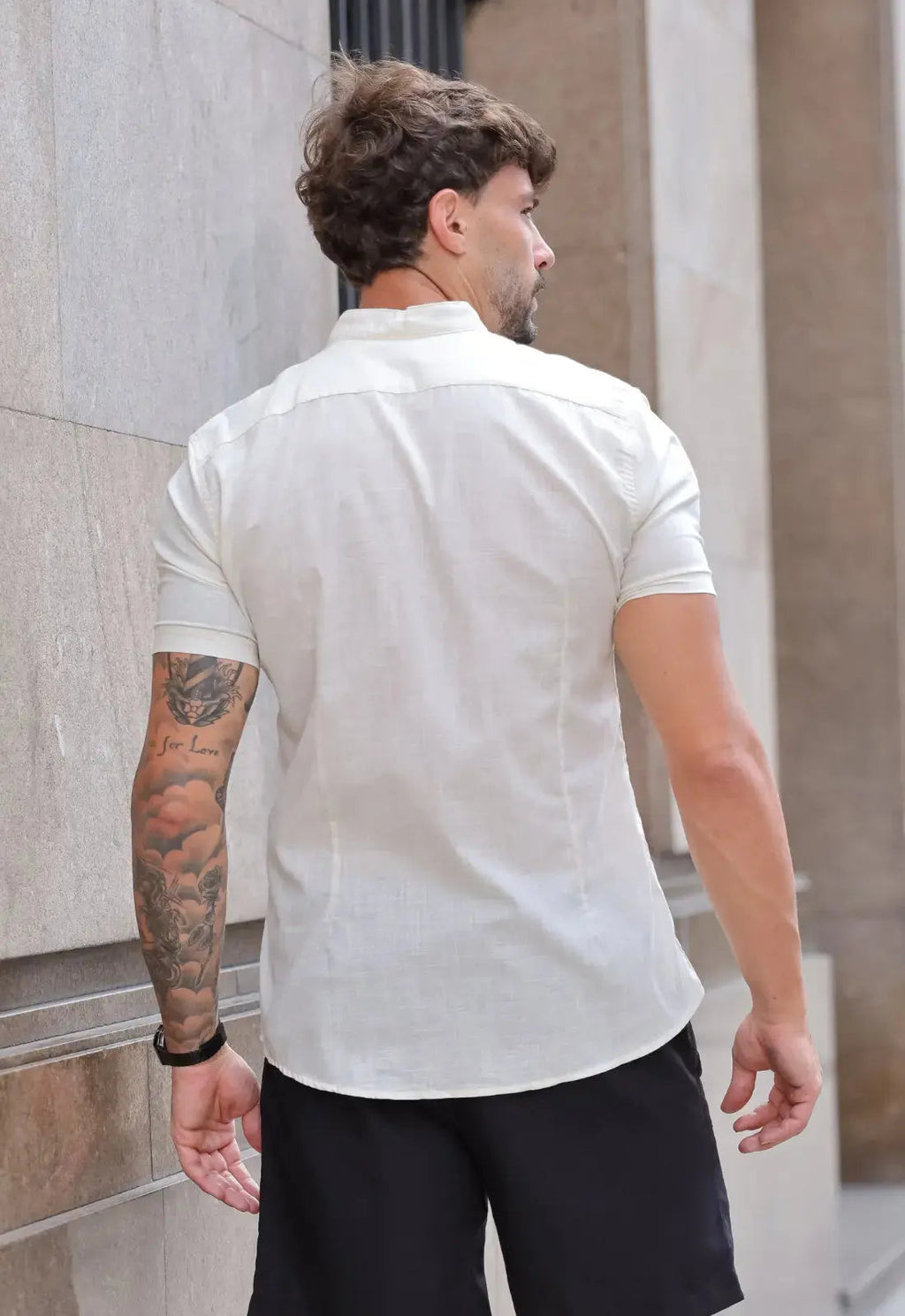 Camisa Masculina Manga Curta Gola Padre Slim Bege