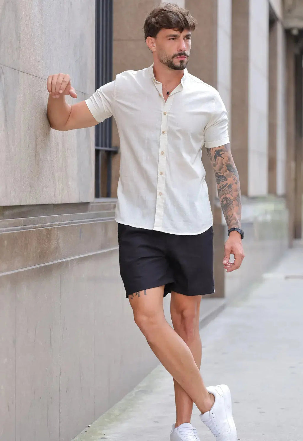 Camisa Masculina Manga Curta Gola Padre Slim Bege