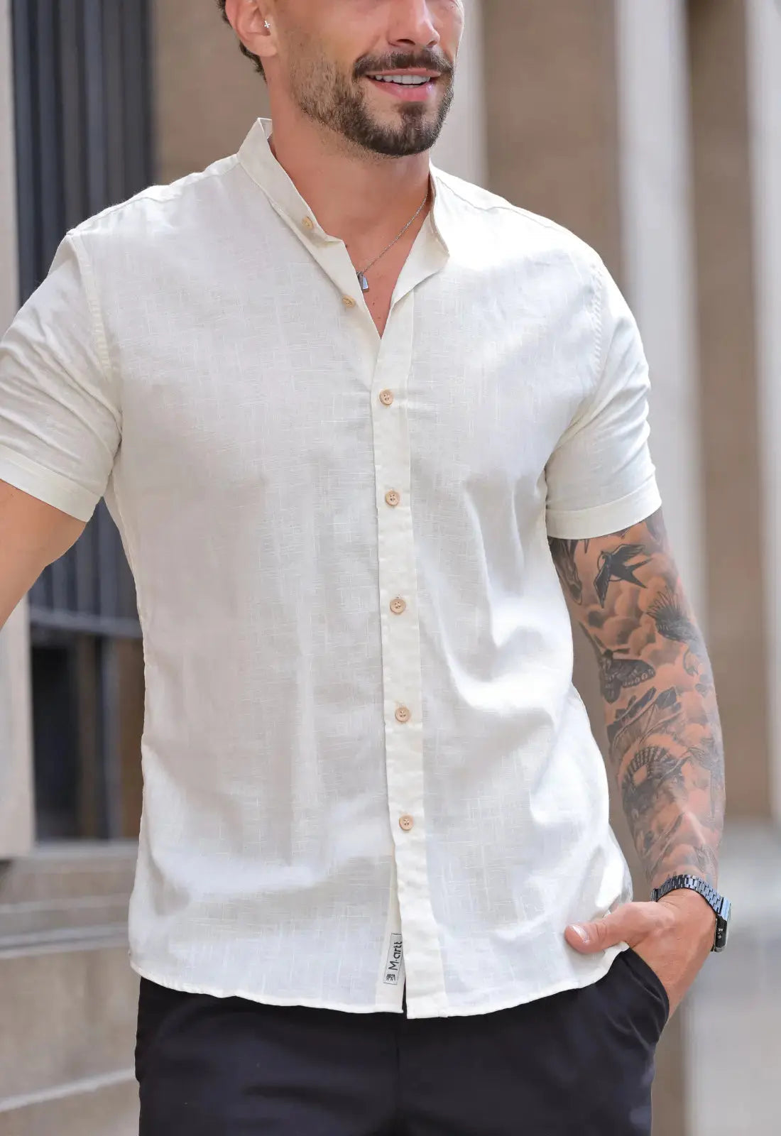 Camisa Masculina Manga Curta Gola Padre Slim Bege