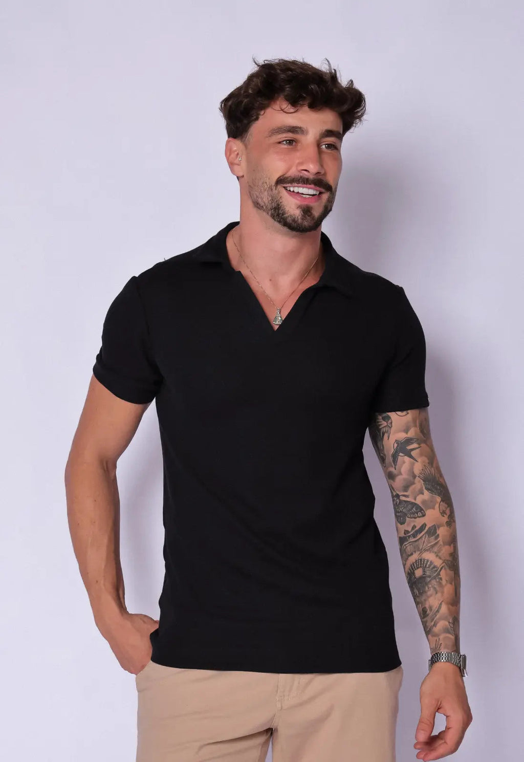 Camisa Polo Italiana Tricot Preta