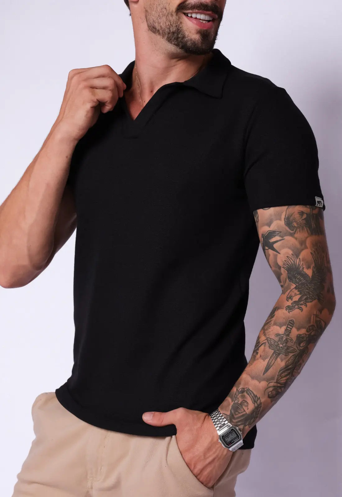 Camisa Polo Italiana Tricot Preta