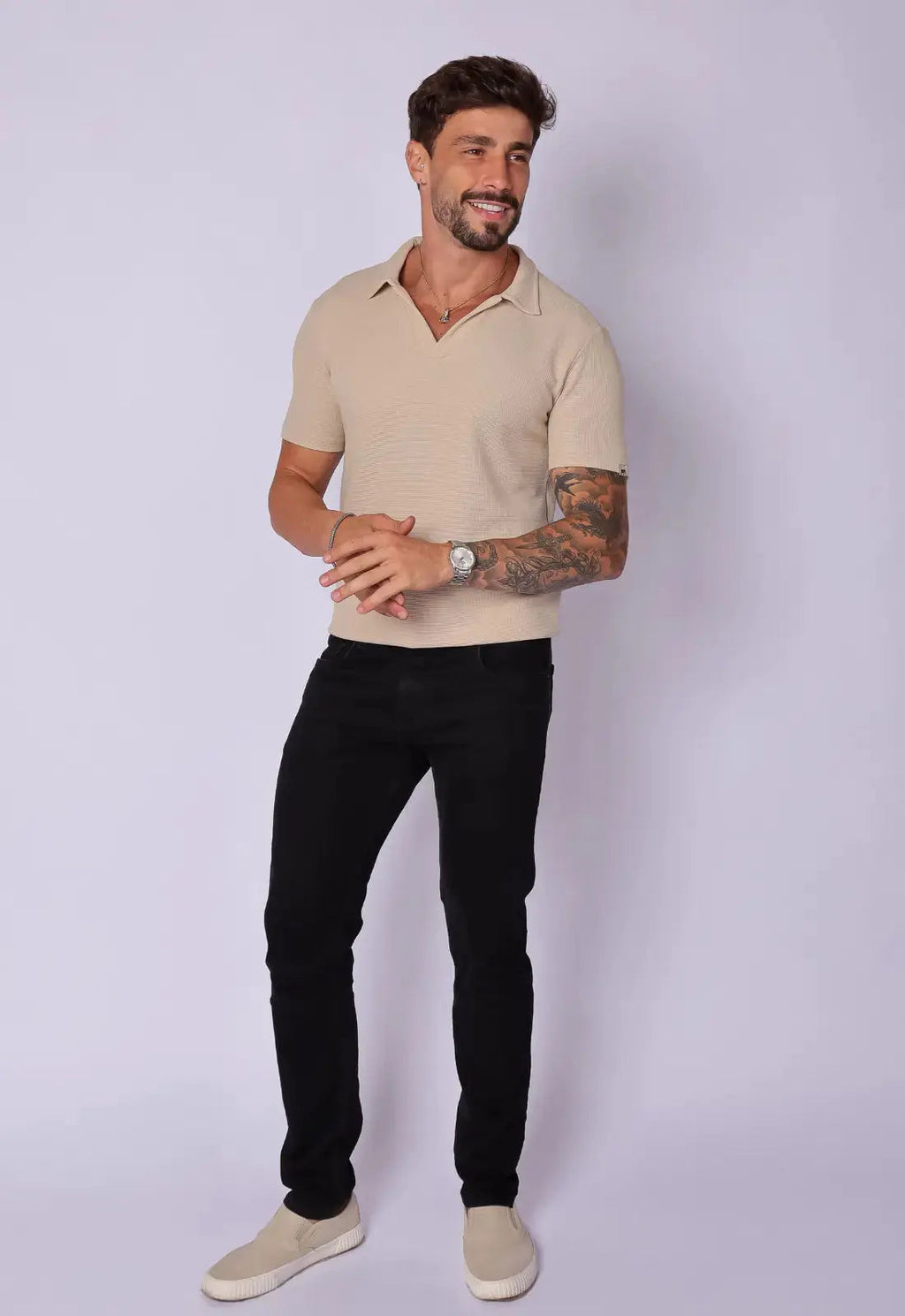 Camisa Polo Italiana Tricot Bege