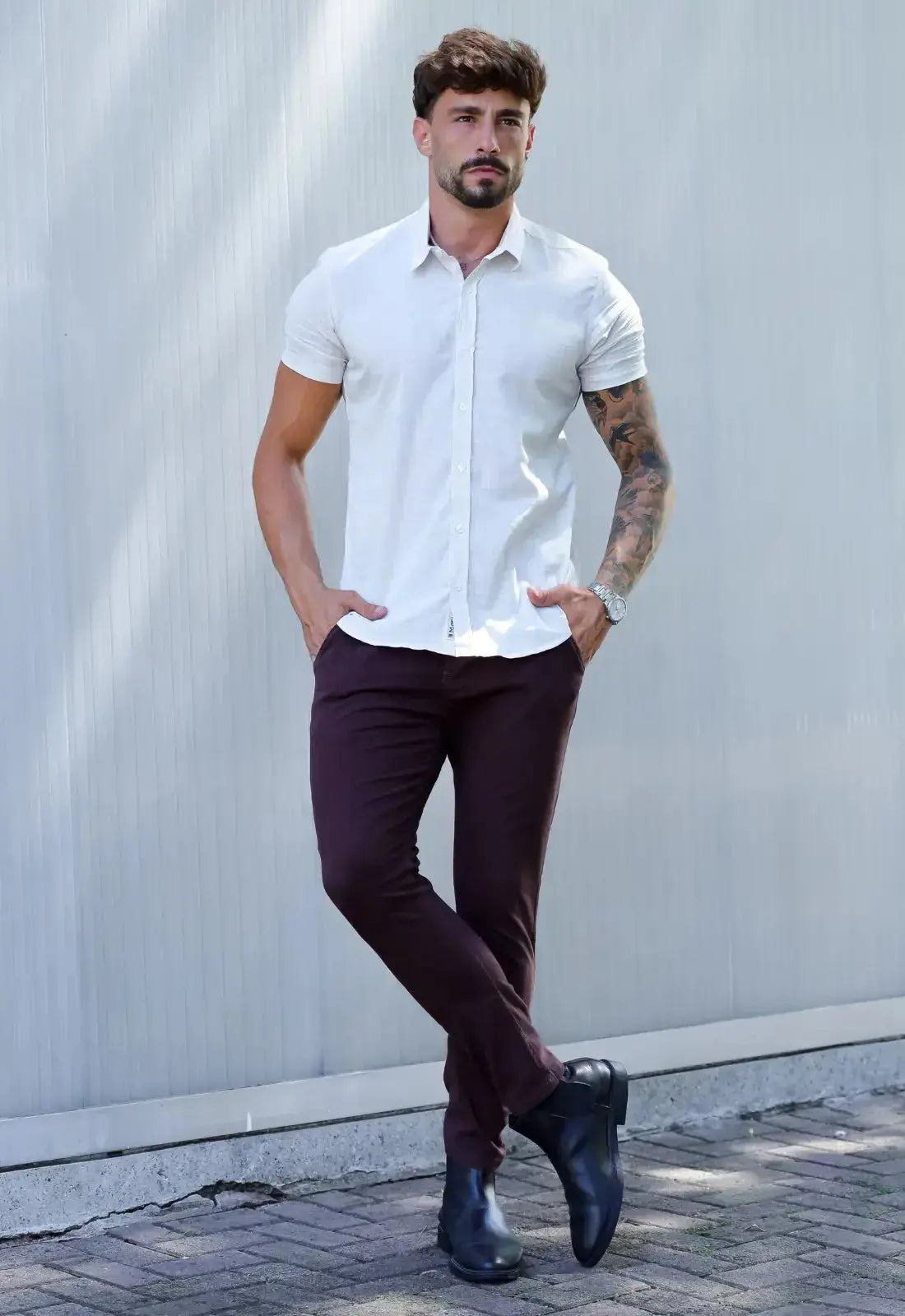 Camisa Masculina Manga Curta Flame Slim Bege