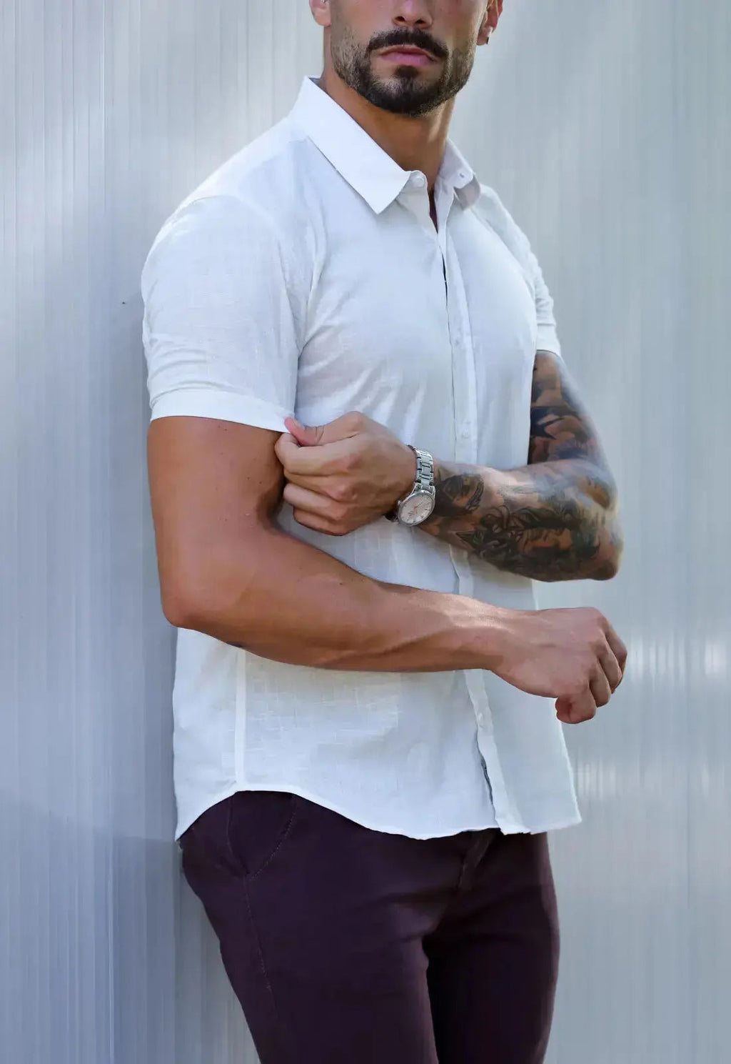 Camisa Masculina Manga Curta Flame Slim Bege