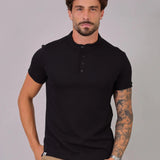 Camiseta Henley Slim Tricot com Elastano Preta