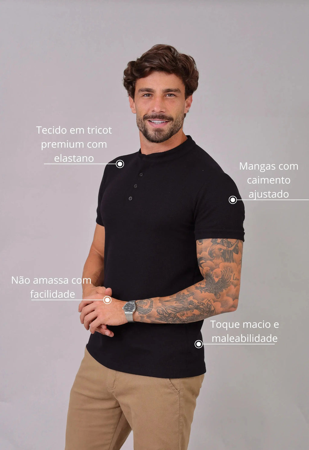 Camiseta Henley Slim Tricot com Elastano Preta