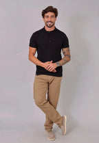 Camiseta Henley Slim Tricot com Elastano Preta