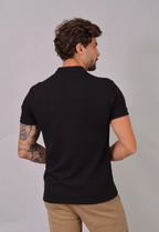 Camiseta Henley Slim Tricot com Elastano Preta