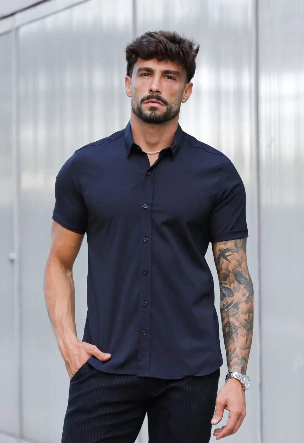Camisa Masculina Manga Curta Slim Preta
