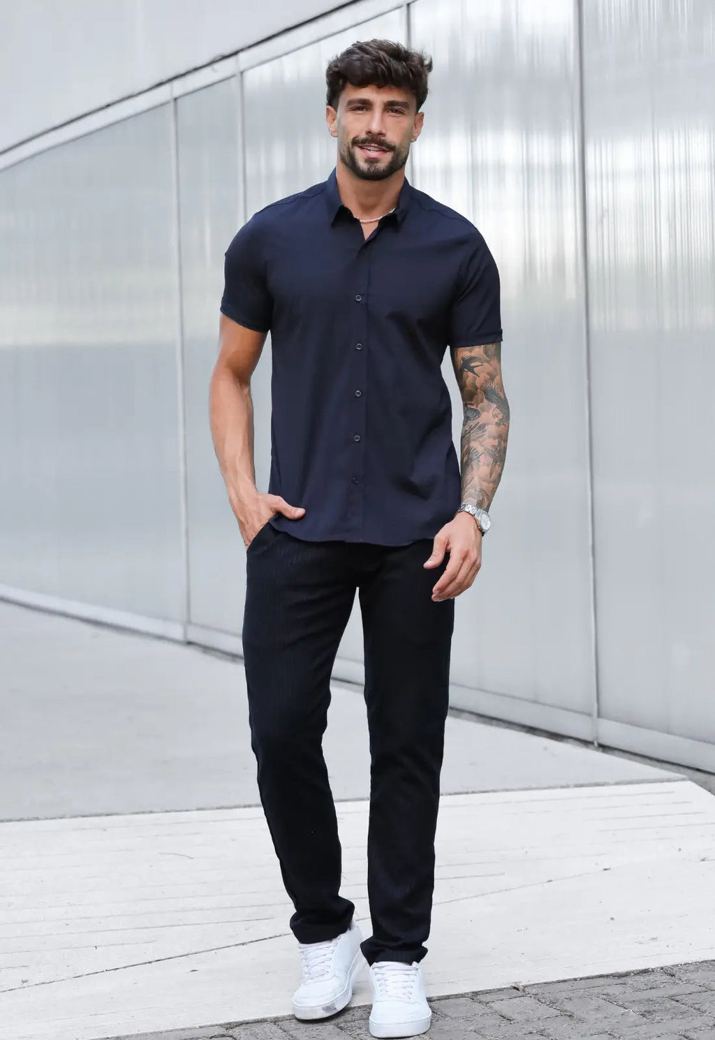 Camisa Masculina Manga Curta Slim Preta