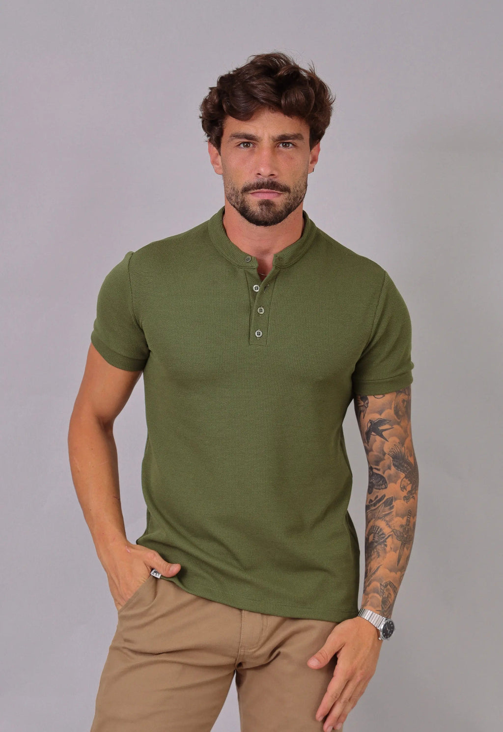 Camiseta Henley Slim Tricot com Elastano Verde