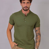 Camiseta Henley Slim Tricot com Elastano Verde