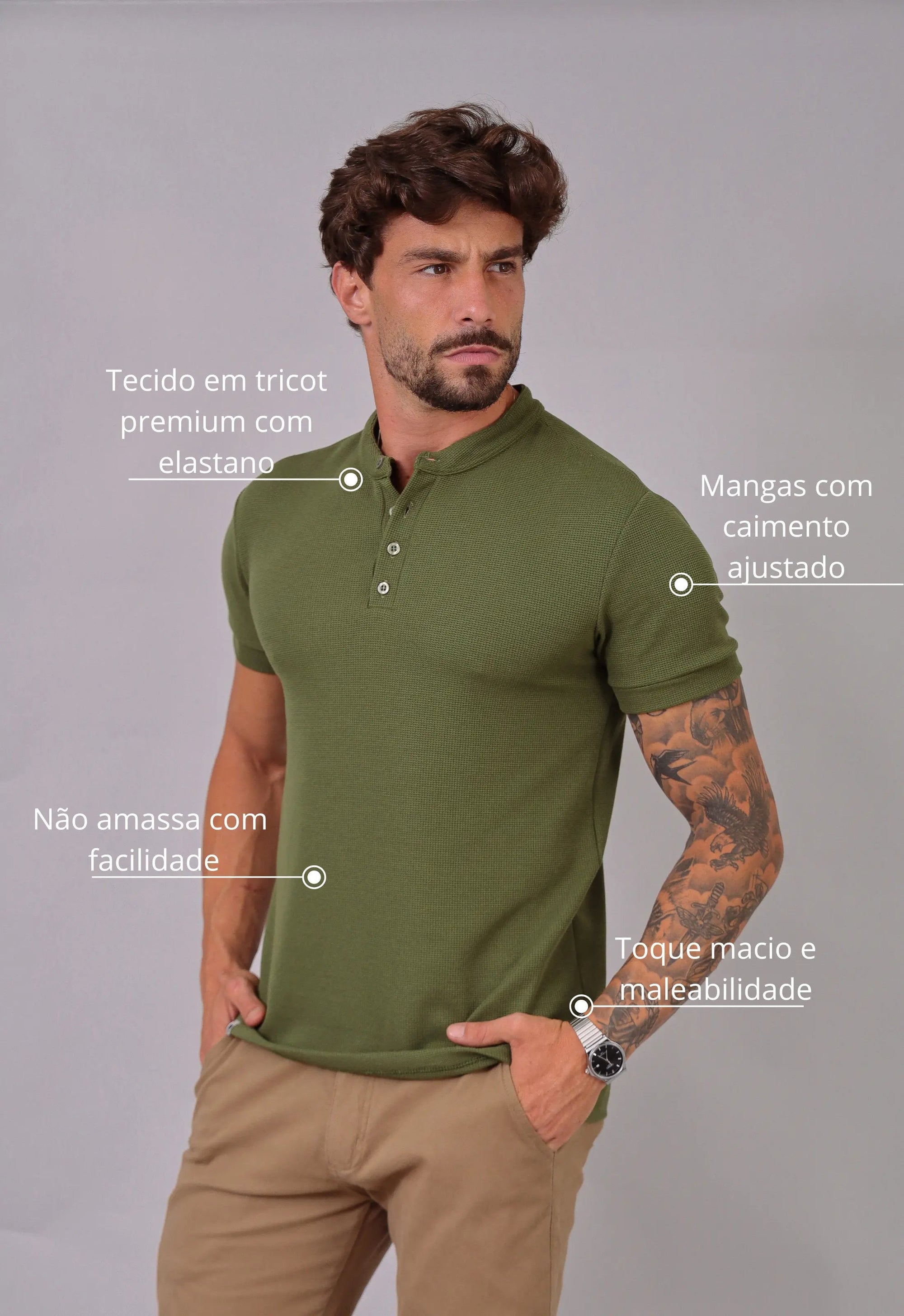 Camiseta Henley Slim Tricot com Elastano Verde