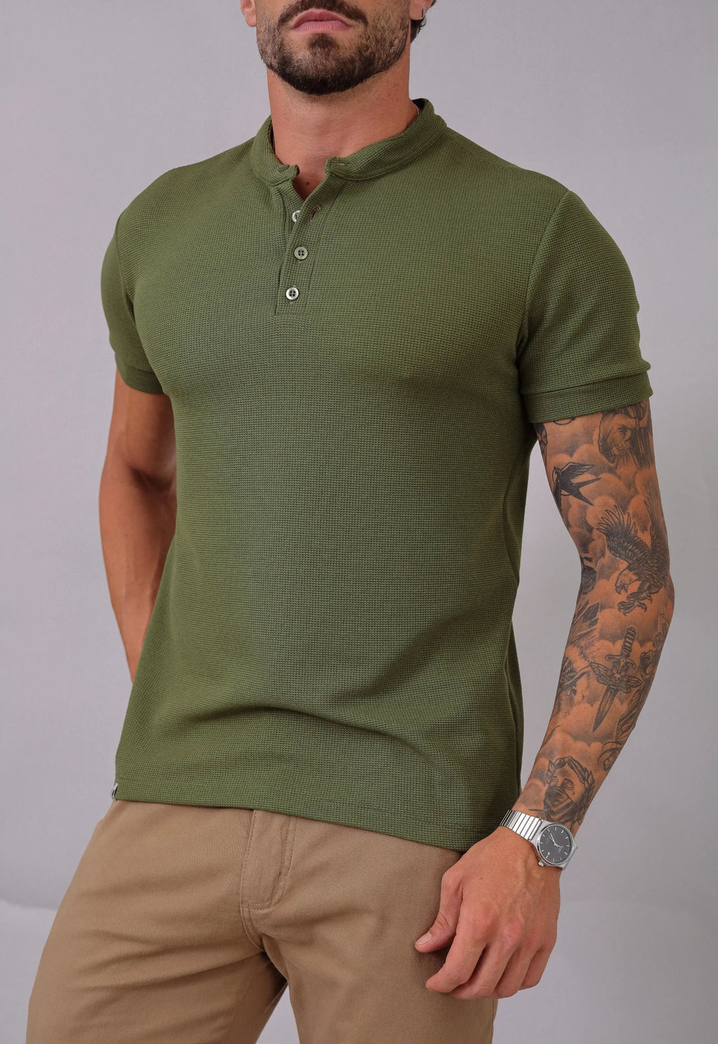 Camiseta Henley Slim Tricot com Elastano Verde