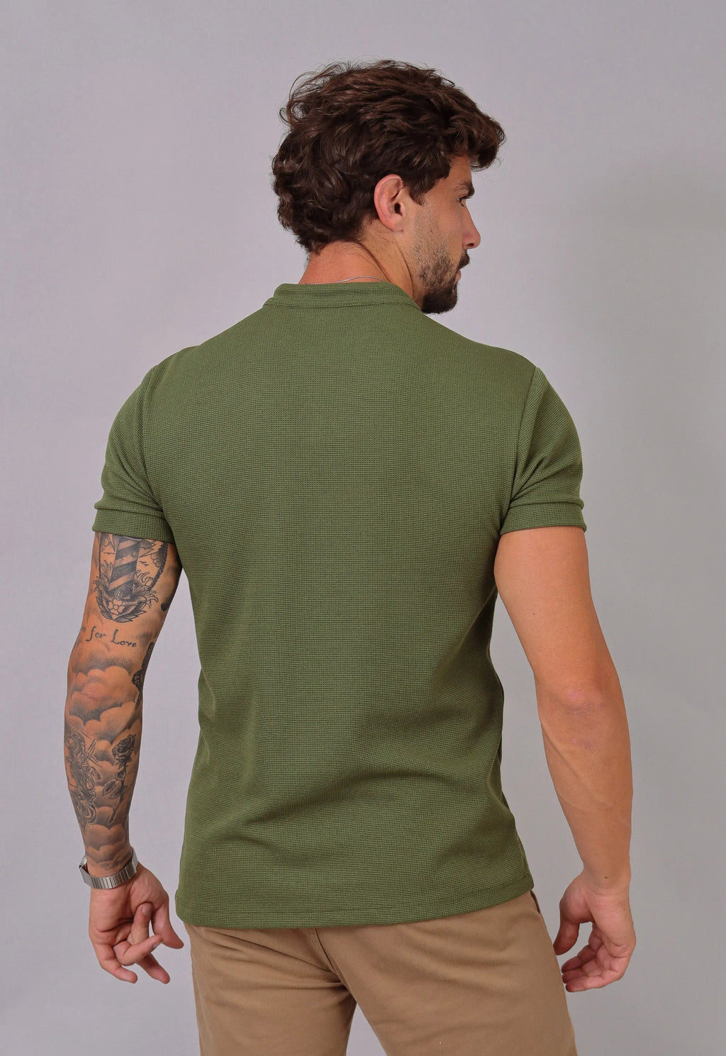 Camiseta Henley Slim Tricot com Elastano Verde