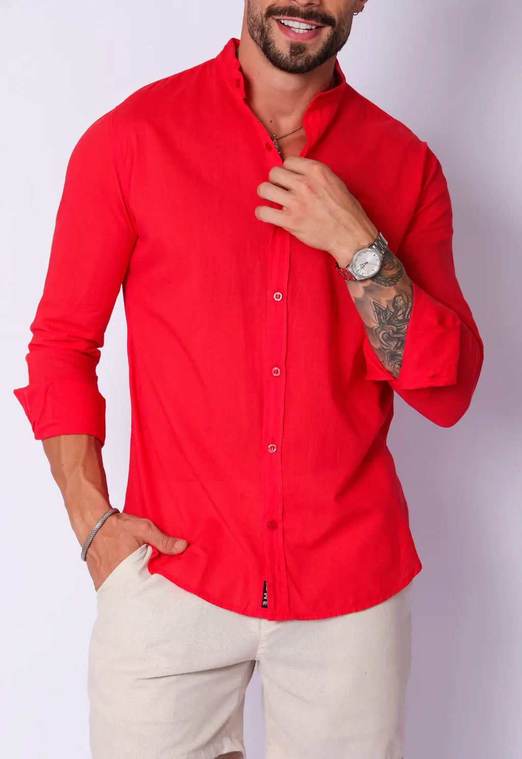 Camisa Masculina Gola Padre Tecido Leve Vermelha