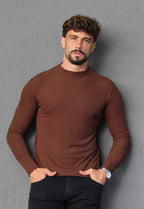 Camiseta Slim Manga Longa Gola Média Marrom